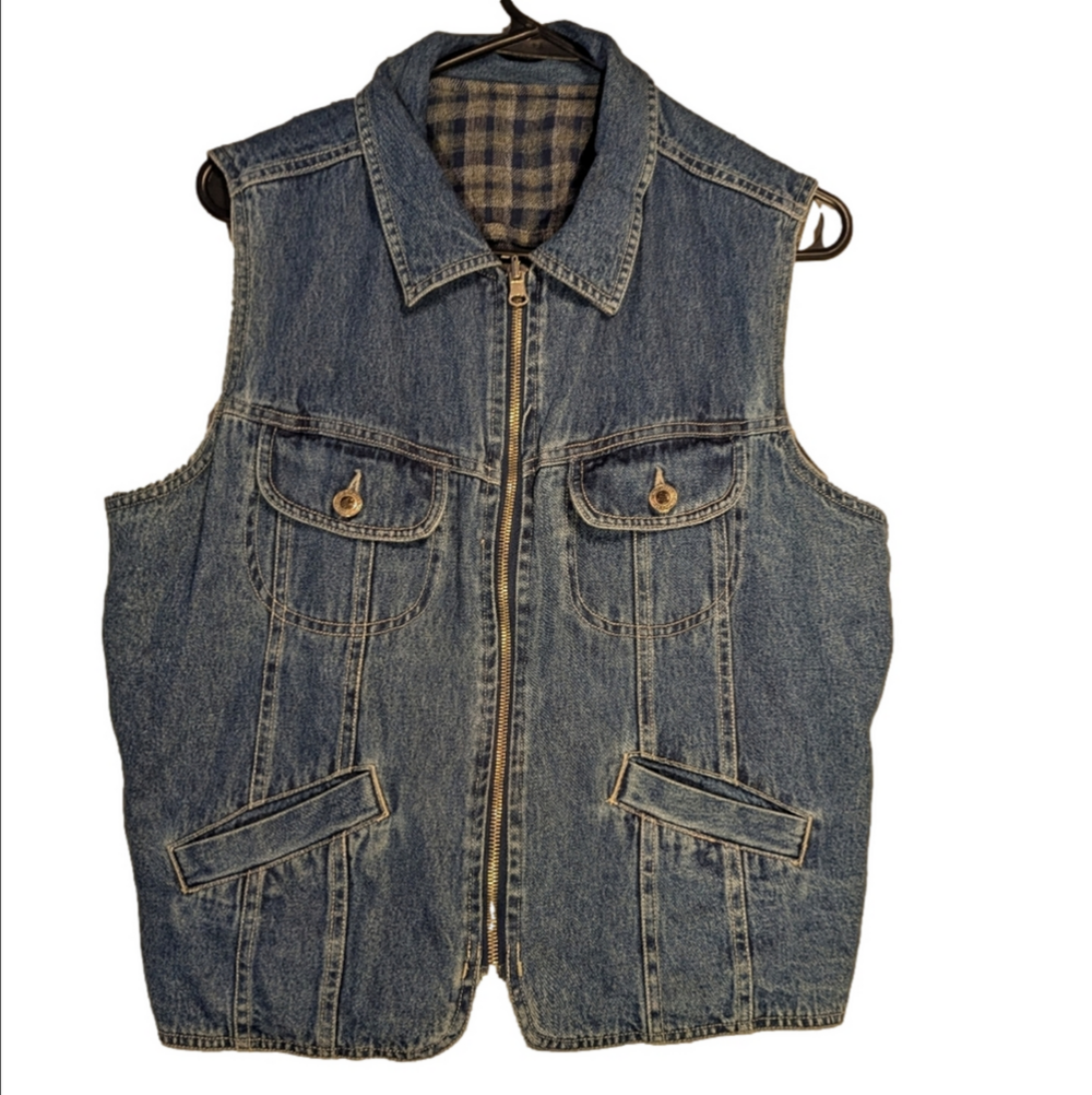 Jean Vest Denim L Zipper Reversible Vintage 100% Cotton St. Johns Bay Motorcycle